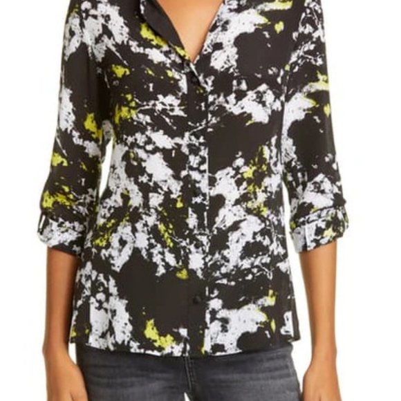 Alice + Olivia Ink Cal Button-Up Ink Blot Print Silk Shirt In Divine Opal - Picture 1 of 8
